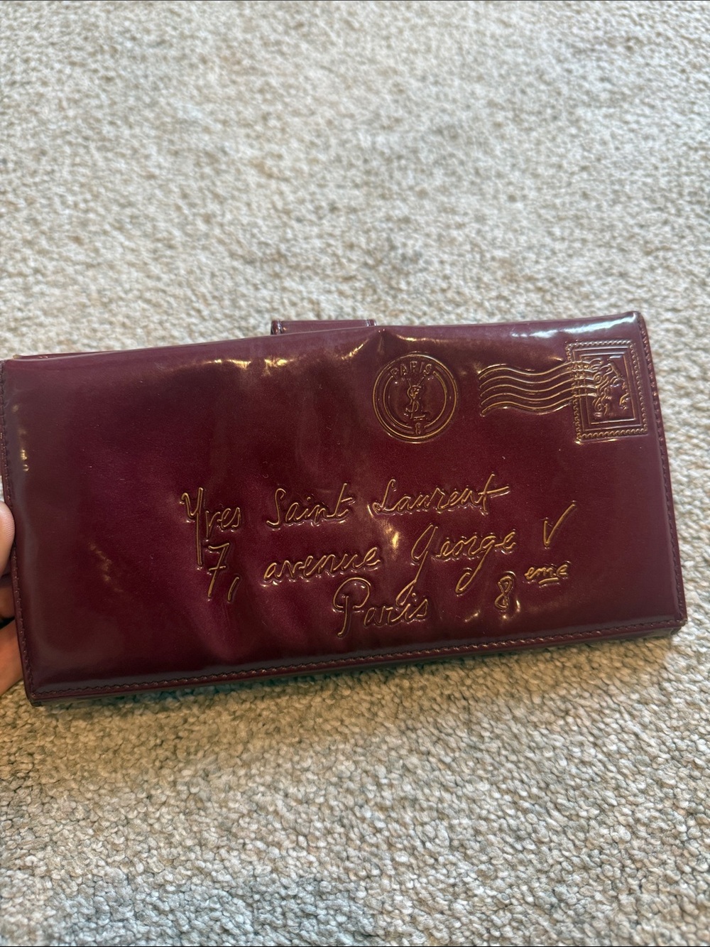 Yves Saint Laurent Glossy Patent Envelope Wallet - Plum